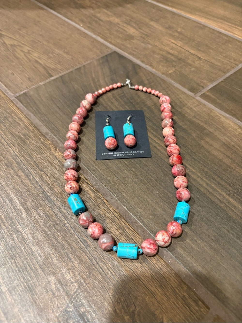 Handcrafted Pink and Turquoise Beaded Necklace with Matching Earrings